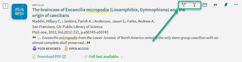 Screenshot highlighting the citation trail icons in a journal article record